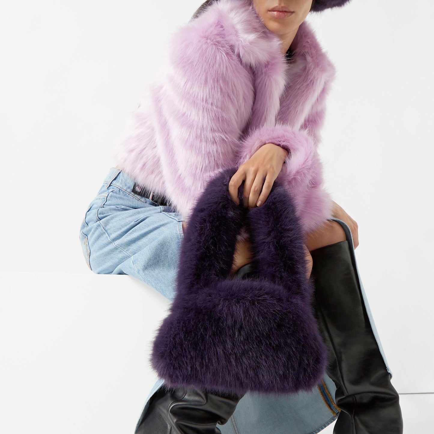 Indigo Cream Faux Fur Handbag